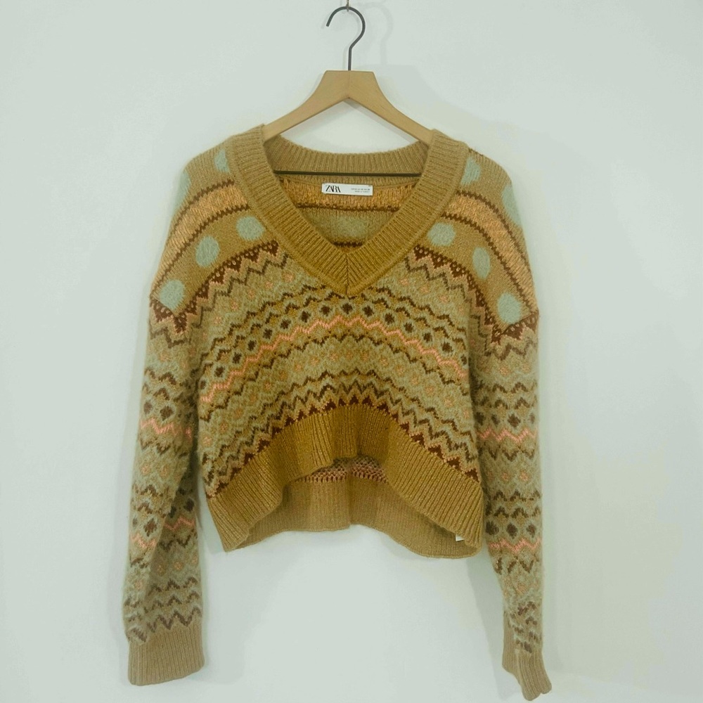 Zara Jacquard Pullover Knit Crop Sweater Deep V Neck Wool Mix Casual Streetwear